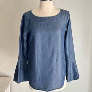 Ann Taylor Factory Blue Chambray Denim Bell Sleeve Top, XS